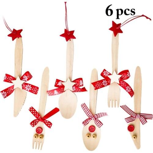 6PCS/1Set Christmas Hanging Ornament Button Cutlery Wood Ornament Xmas Tree Decor For Home Party New Year Decor