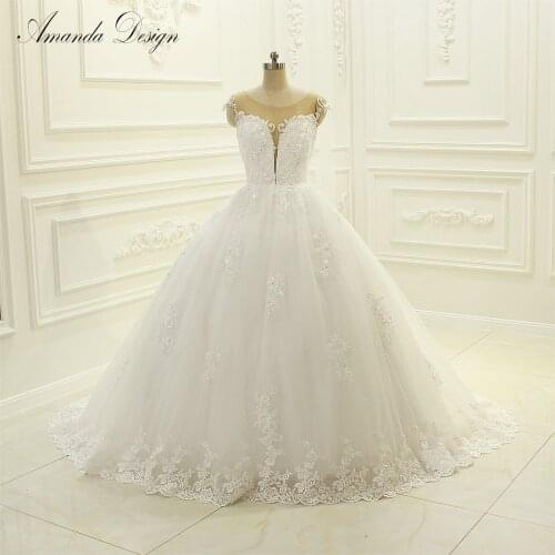 Amanda Design vestidos de novia vintage Cap Sleeve Lace Applique Illusion Wedding Dress