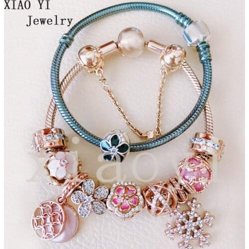 XIAOYI 2020 new 100% s925 Rose color inlaid zircon flower snowflake hollow CLASP BRACELET and blue flower snake bone Bracelet