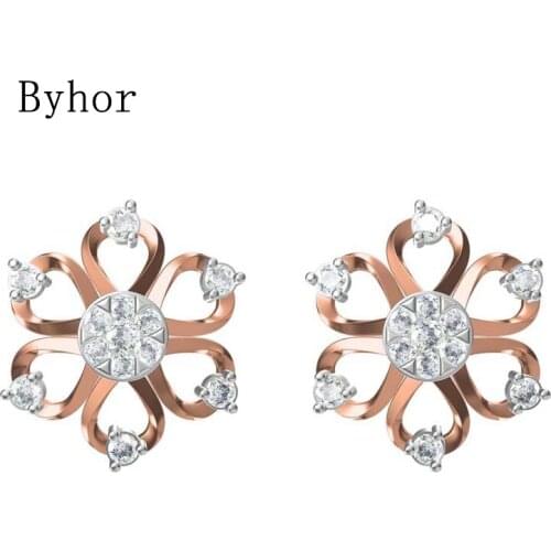 Byhor Solid 14K White/Yellow+White/Rose+White Gold 0.43ct H/SI Natural Diamonds Flower Stud Earrings Women Cерьги Fine Jewelry