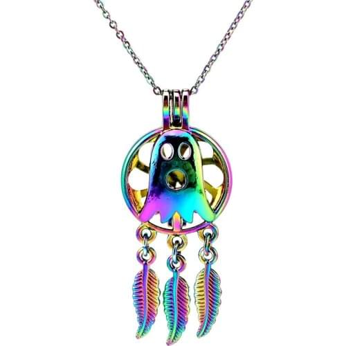 C924 Rainbow Color Dream Catcher Beaty Ghost Halloween Leaf Hollow Locket Pendant Aroma Essential Oil Diffuser Necklace