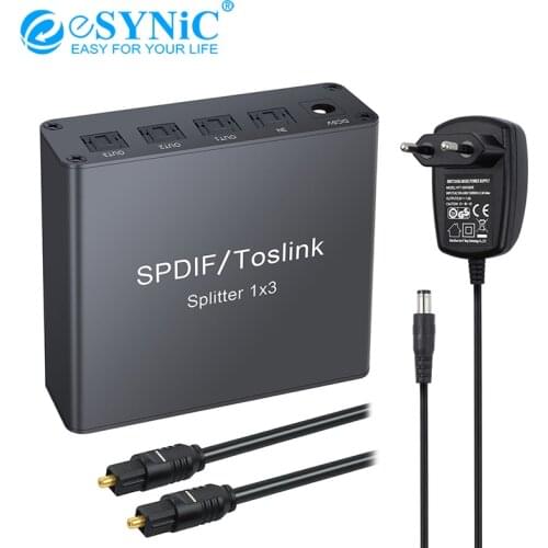 ESYNiC Digital Audio Splitter 1x3 3 Port SPDIF Toslink Optical Aluminum Alloy 1 input 3 Output 3 Way Splitter For LPCM 2.0 / DTS