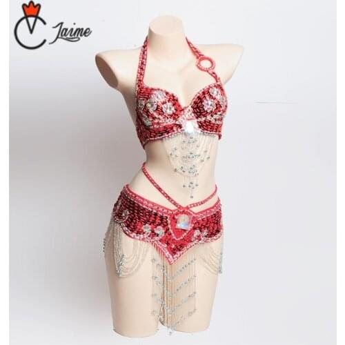 Belly Dance Costumes Oriental Dance Sequined Beaded Bra and Belt Suit Set size XL 2pcs 38D/85D