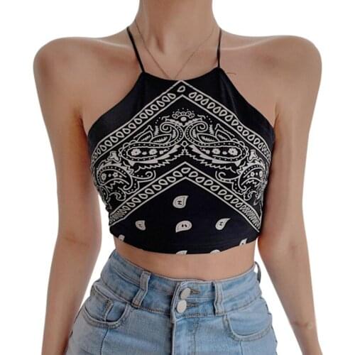 Summer Bohimia Women Sexy Tube Crop Tops Black Halter Printing Slim Tank Tops Backless Top