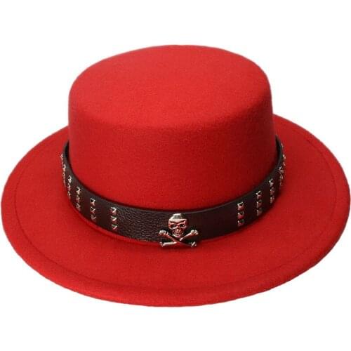 LUCKYLIANJI Kid Children Vintage 100% Wool Wide Brim Top Cap Pork Pie Pork-pie Bowler Hat Skull Bead Leather Band (54cm/Adjust)