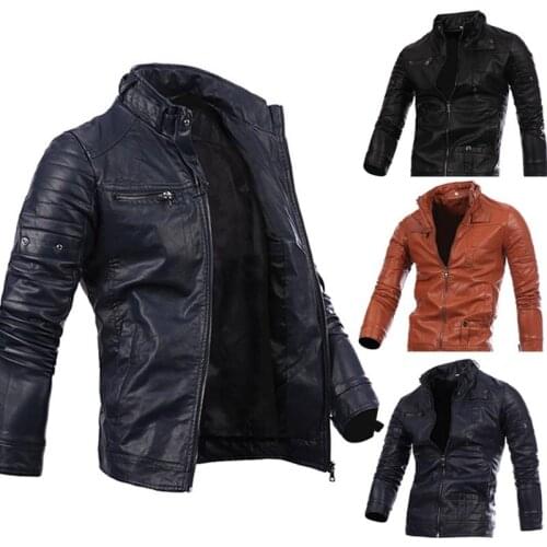 Mens Motorcycle Leather Jacket Long Sleeve Stand Collar Solid Color Cardigan Jacket Coat Casual Slim Type Zipper Tops