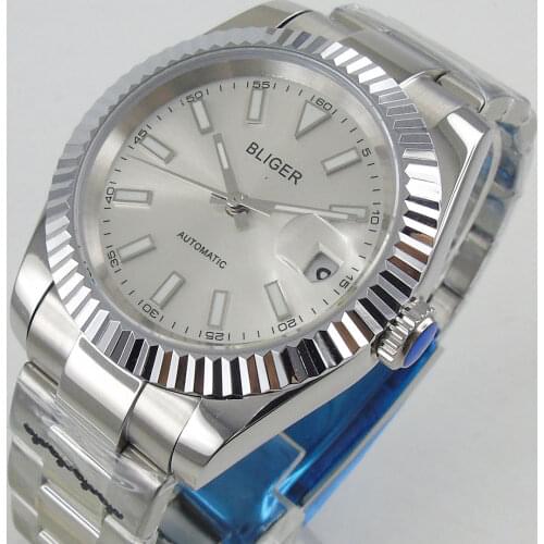 BLIGER Fluted Bezel Date 36mm Automatic Men Watch 21 Jewels MIYOTA 8215 Movement Middle Polished Bracelet Sapphire Crystal