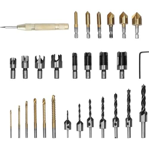 29PCS Woodworking Metal Drills Bits Set Chamfer Drilling Tool Drill Bit Milling Drill Bits Automatic Center Punch Combination