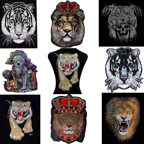 Big Lion King Head Beaded Tiger Bull dog Patches Sequin Motifs Large Fabric Animal Patch Sew on Big T-shirt Jacket Sweater