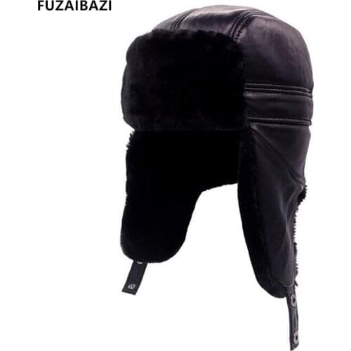 FUZAIBAZI New Dads Hat Winter Thicken Thermal Sheepskin Bomber Cap Fashion Plus Velvet Ear Protection Brand Genuine Leather Hat