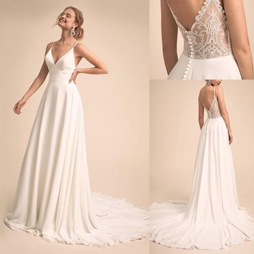 Charming V-neck Wedding Dress Vestido De Noiva Lace Appliques Bride Dress 2021 Women New Spaghetti Strap Backless Bridal Gowns