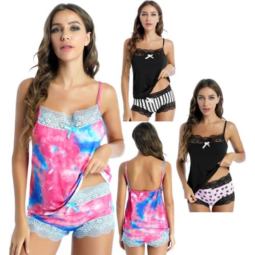Summer Pajamas Set Women Sexy Heart/Stripe/Tie-dye Print Lace Patchwork Sleepwear Adjustable Spaghetti Strap Camisole with Short
