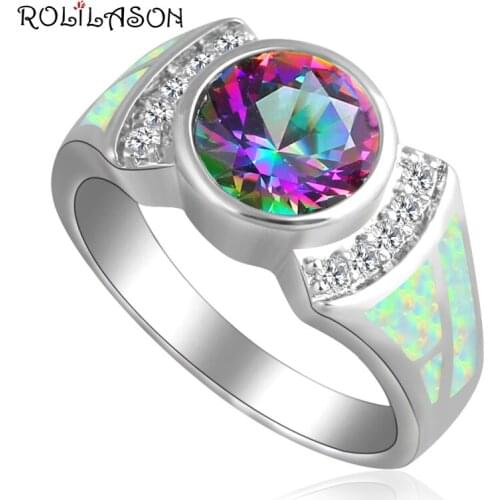 Floating charms Rainbow Zircon White Fire Opal stamp Silver Zirconia Fashion Jewelry Ring for women USA Sz #6#7#7.5#8.5#9 OR678