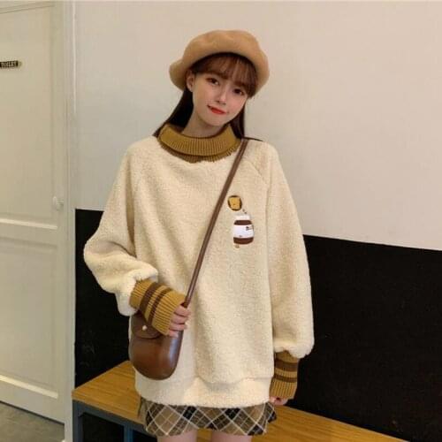 Female Pullovers Velvet Thick Warm Turtleneck Long Sleeve Hot Sale Embroidery Sweet Street Oversized Women Sweatshirts