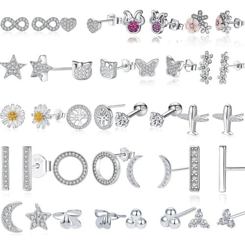 ELESHE Flower Heart Star Moon Geometric CZ Stud Earrings 925 Sterling Silver Small Earrings For Women Wedding Minimalist Jewelry