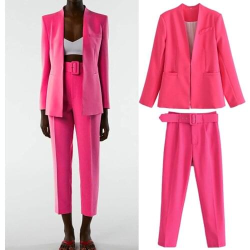 WESAY JESI Women Za Fashion Blazer Office Suit Pantsuit Simple Solid Color Suit Collar Long Sleeve + Trousers 2 Pcs Set Blazer