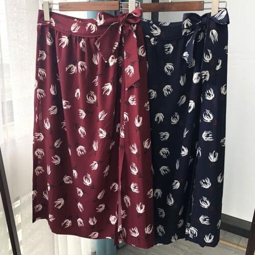 Tulip Skirt Golden Autumn New French Romantic Print Lace Bow Midi Skirt with Blet