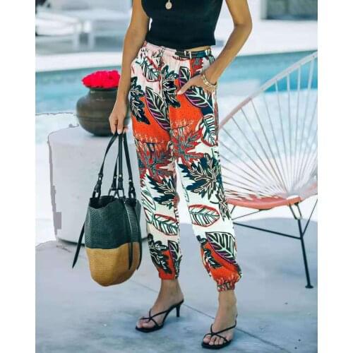 Womens Casual Printed Pants Solid Color Summer Trousers Women Loose Pants Leggings
