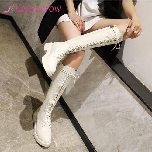 Lasyarrow Autumn Winter 2021 Chunky Boots Platform Women Black Pu Leather Knee High Boots Woman Thick Heel Lace Up Long Booties