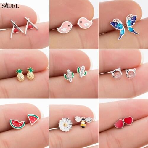 Real 925 Sterling Silver Earrings for Women Children Jewelry Fashion Pink Bird Pineapple Watermelon Flower Bee Stud Earring S925