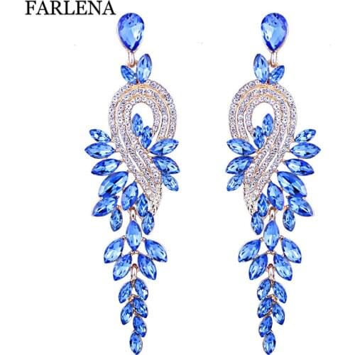 FARLENA Jewelry Multicolor Crystal Feather shaped Drop Earrings for Women Wedding Accessory Fashion long Bridal Earrings