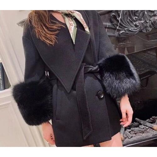 100% real fox fur sleeve womens cashmere coat with belt fashion casual warm solid color loose women long jacket