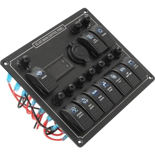 Brand New Durable 10 Gang Marine Rocker Switch Panel Current Voltage Meter