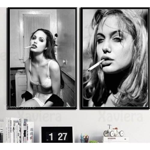 Angelina Jolie Smoking Portrait Canvas Painting Sexy Movie Actress Black and White Picture Wall Art Poster Home Decor Girl Room
