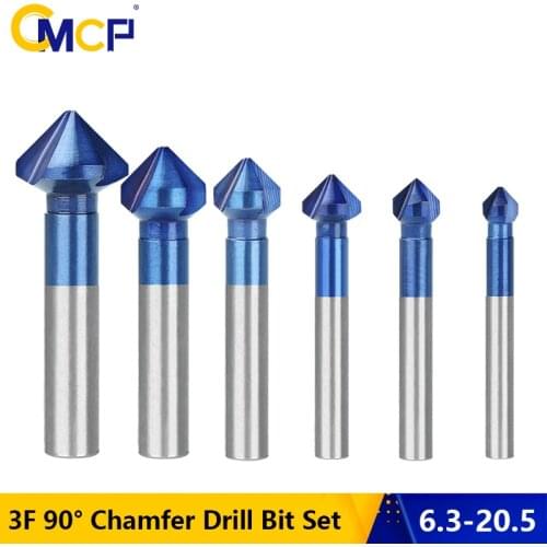 CMCP 6pcs 3 Flute 90 Degree HSS Chamfer Drill Bit Set 6.3-20.5mm Countersink Drill Bit Set Nano Blue Coated Chamfer Cutter Tool