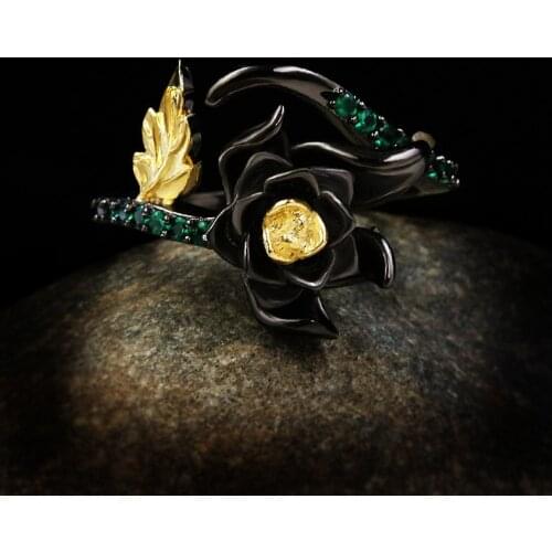 Italy Jewelry Fashion Natural Emerald Rings for Women 925 Sterling Silver Rose Flower Black Gold Ring Wedding Cocktail Jewelry