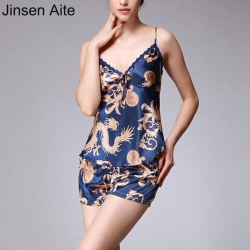 Jinsen Aite Silk Sexy Pajamas Sets Summer Women Nightdress Sling+Shorts 2PCS Suit Home Clothes Lace Sleeveless Sleepwear JS737