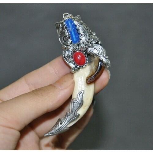 China Cloisonne Tibetan Silver Wild Boar Tusks Teeth Taxidermy Amulet Pendant Collection Ornaments Statues for Decoration