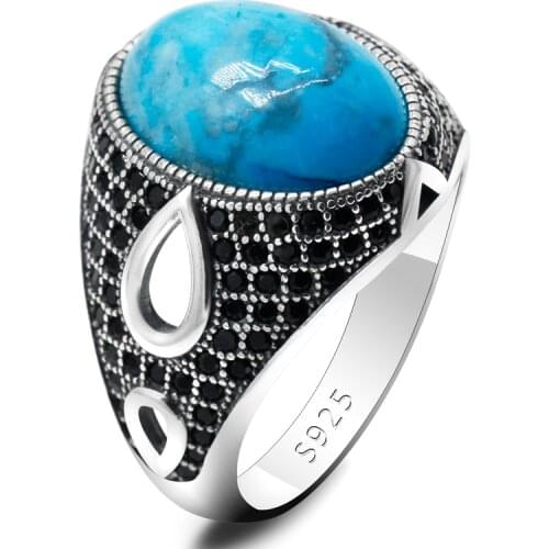 Turquoise Ring for Men Women 925 Sterling Silver Sky Blue Stone with Black CZ Turkish Rings Hollow Punk Jewelry Male Gift