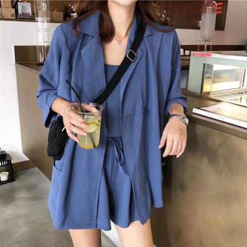 Summer Womens Suit Set 2020 New Fashion Triple Set Bottom Belt Suit Jackets High-waist Shorts Pant Plus Size Blazer Female