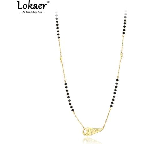 Lokaer Bohemia Titanium Stainless Steel Wings Choker Necklace For Women Girl Original Design Black Crystal Chain Necklace N21128