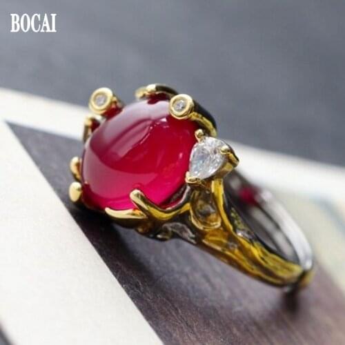 Fashion 925 sterling silver ring hand-set with red fused alumina open female silver ring for women