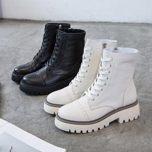 Fashion Genuine Leather White Leather Boots Womens New Platform High-top Belt Comfortable Soft Boots Autumn Casual Martin Boots