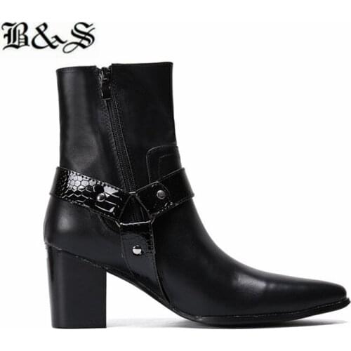 Black& Street 6cm Heel buckle Strap pointe toe stage Catwalk Boots High heel men Chelsea Boots