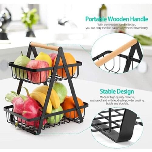 Detachable Fruit Basket with Portable Wooden Handle Double layers Large Capacity Carbon Steel Fruit Holder for Fruits H88F
