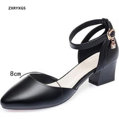 Promotion Summer 2021 New Pointed Side Air Crystal Genuine Leather Fashion Sandals Thick Heel Plus Size Comfort Elegance Sandals
