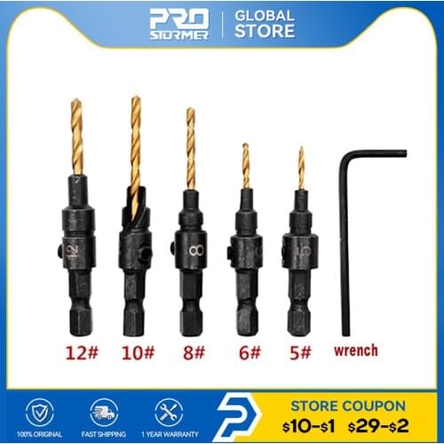 PROSTORMER 5Pcs Hex Handle Cone Hole Drill Titanium Coating hole Drilling Woodworking Countersunk Drilling Hole Hardware Tool