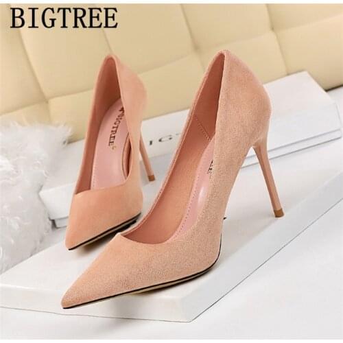 Pumps Women Shoes Pointed Heels Bigtree Shoes Stiletto Extreme High Heels Flock Valentine Shoes Sexy High Heels Sapato Feminino
