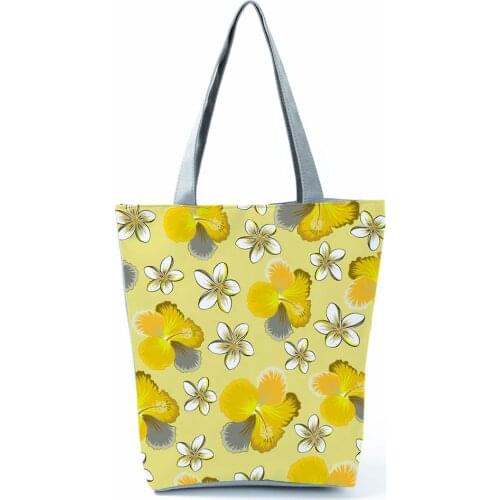 Floral Printed Handbag High Capacity Eco Reusable Yellow Shopping Bag Fashion Foldable Travel Beach Women Tote Custom Pattern