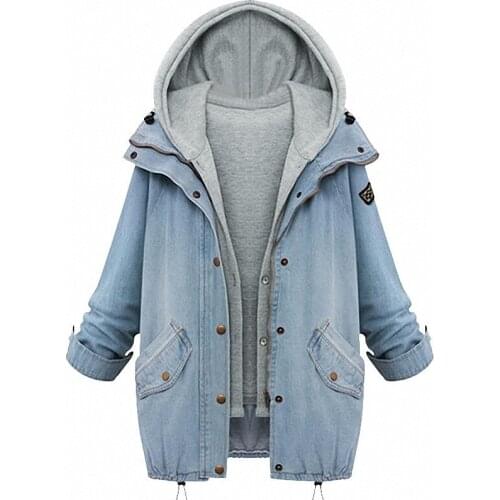2018 Autumn Women Denim Jacket Large Size 2 Pieces Set Detachable Hooded Overcoat Loose Causal Jeans Outwear 5XL 6XL