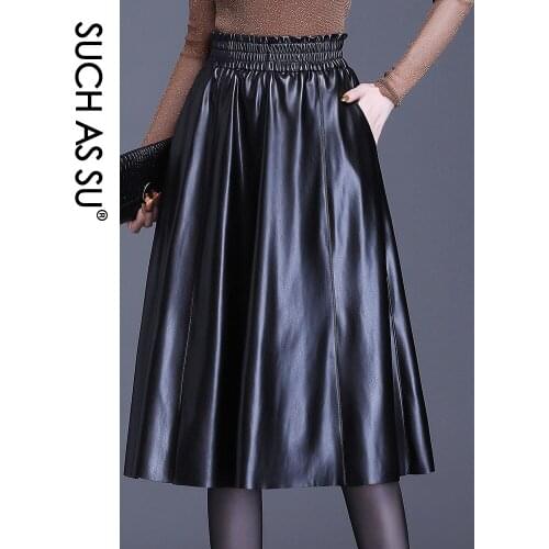 2020 Pleated Black Leather Skirt Women Pockets Leather Skirts Plus Size Clothing For Women Mid-Calf Elegant High Waist Skirt