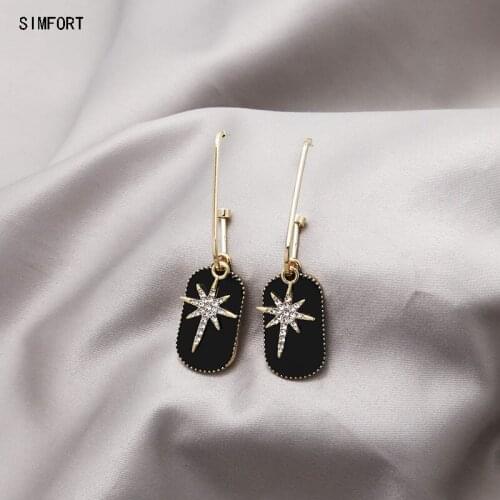 Womens 925Silver Pin Earring Eight-pointed Star Black Dripping Oil Elegant Personality Simple Alloy Decoration Jewelry Gift