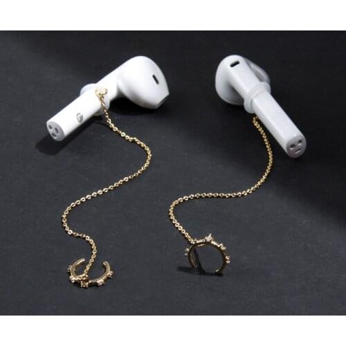 Women AAA Zircon Copper Long Chain Drop Cuff Earring Wireless Earphone Anti Lost for Apple Airpods Headphone