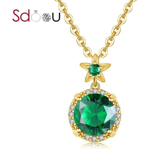 SDOOU Women Gold Pendant For Women Green Emerald Round Cut Gemstone Pendant Trendy Handmade Fashion Jewelry Christmas Gifts New
