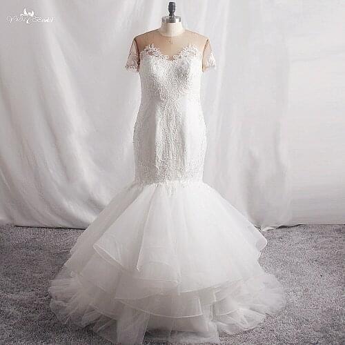 LZ450 Elegant O-Neck Short Sleeve Fluffy Train Wedding Dress Small Pearls Lace Mermaid Dress Vestidos De Novia