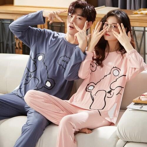 Winter Couple Long Sleeve Pajamas Kawaii Sweet Pink Women Sleepwear Cute Blindfolded Bear Cartoon Couple Cotton O-Neck Homewear